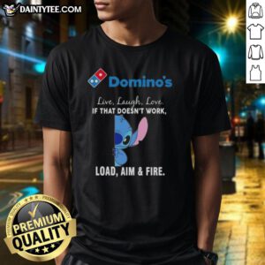 Happy Stitch X Domino's 'Live Laugh Love' T-Shirt featuring playful graphics and humorous quotes for pizza lovers.