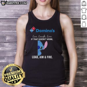 Happy Stitch X Dominos tank top featuring 'Live Laugh Love' and 'Load Aim Fire' design for a fun, casual look.