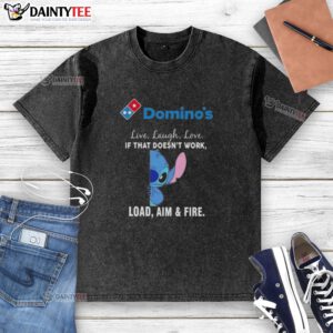 Alt Text: Happy Stitch X Dominos Live Laugh Love graphic on a washed t-shirt, featuring a playful slogan and vibrant design.