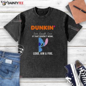 Alt Text: Happy Stitch x Dunkin Live Laugh Love graphic on washed t-shirt, showcasing a fun and playful design.