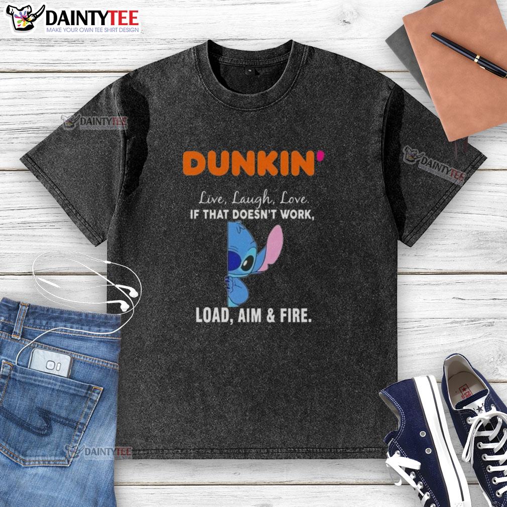 Alt Text: Happy Stitch x Dunkin Live Laugh Love graphic on washed t-shirt, showcasing a fun and playful design.