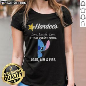 Happy Stitch x Hardee's 'Live Laugh Love' tee for women, featuring a fun graphic design and playful slogan.