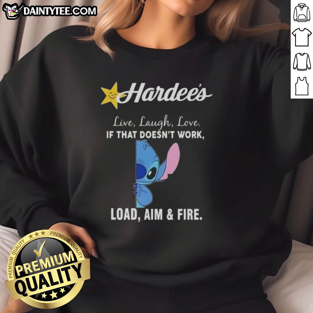Happy Stitch X Hardee's sweatshirt featuring 'Live Laugh Love' and 'Load Aim And Fire' designs, perfect for casual wear.