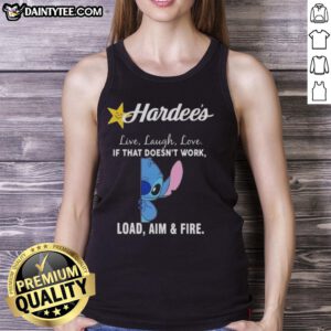 Happy Stitch x Hardee's tank top featuring 'Live Laugh Love' and 'Load Aim and Fire' designs for a stylish look.