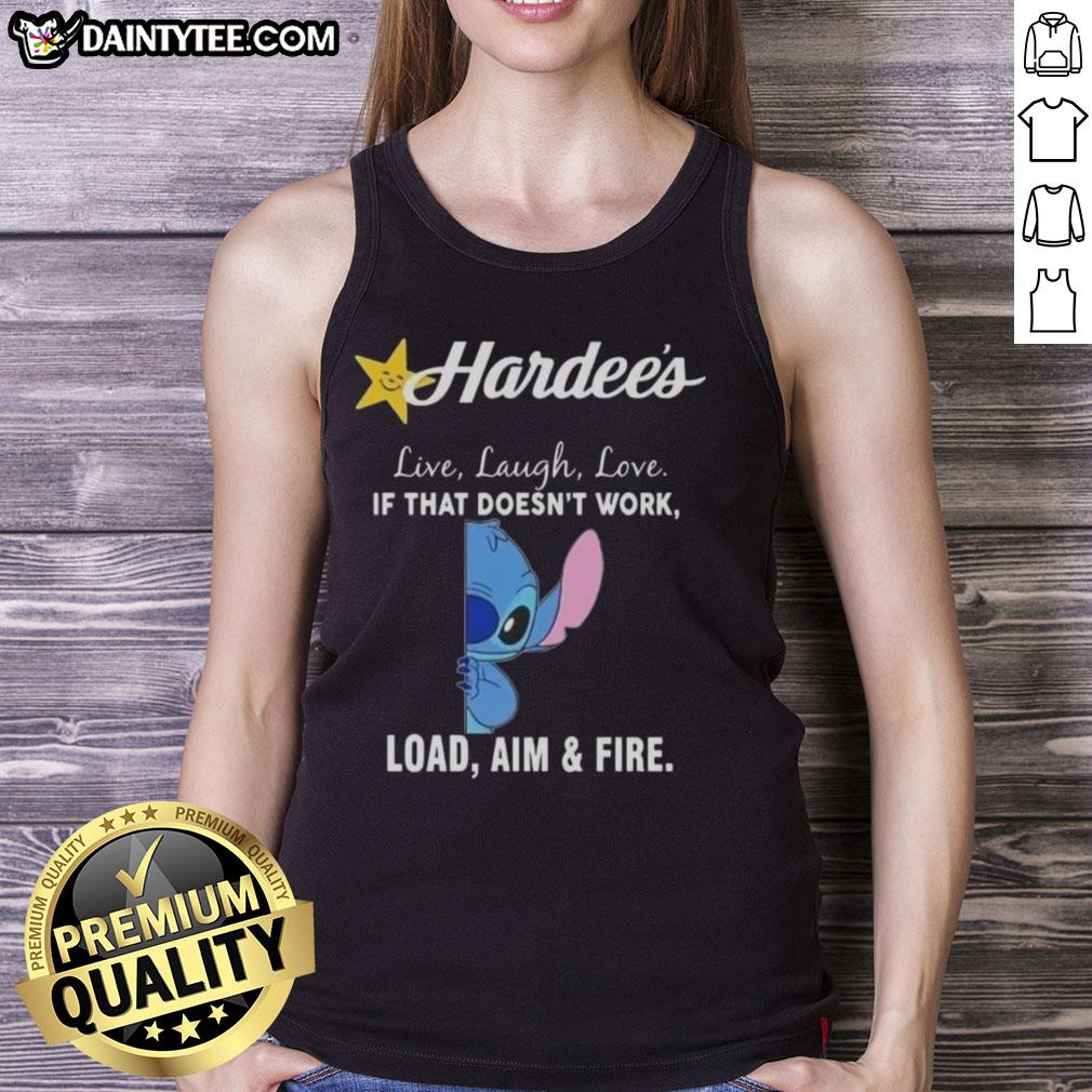 Happy Stitch x Hardee's tank top featuring 'Live Laugh Love' and 'Load Aim and Fire' designs for a stylish look.