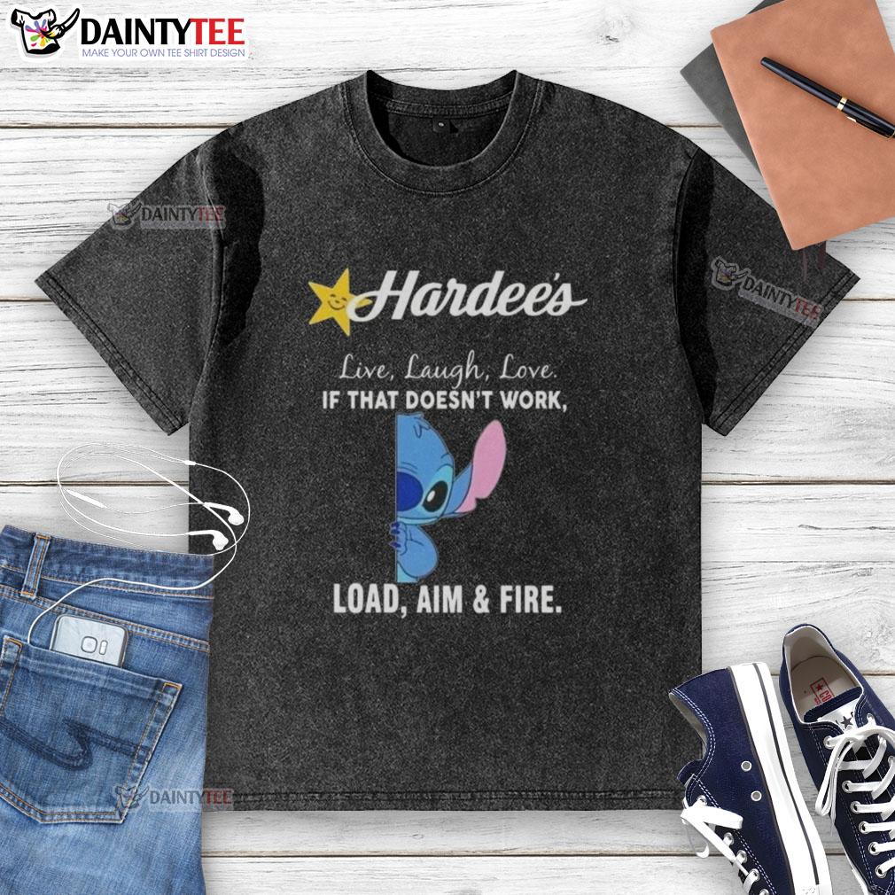 Alt Text: Happy Stitch X Hardees Live Laugh Love T-shirt featuring 'Load, Aim, and Fire' design in a stylish washed finish.