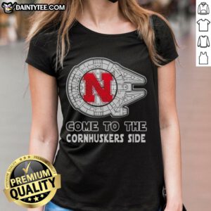 Official Star Wars Come to the Nebraska Cornhuskers Side Ladies Tee featuring a stylish design for fans.
