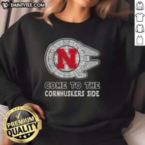 Alt Text: Official Star Wars Come to the Nebraska Cornhuskers Side Sweatshirt featuring iconic characters and team colors.