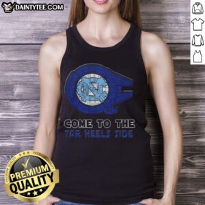 Alt Text: Official Star Wars Come to the North Carolina Tar Heels side tank top featuring vibrant graphics and team colors.