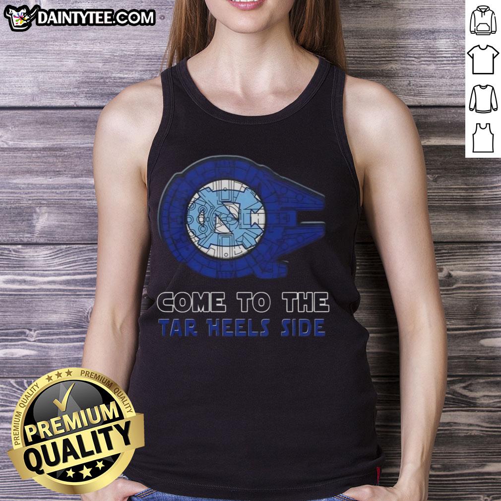 Alt Text: Official Star Wars Come to the North Carolina Tar Heels side tank top featuring vibrant graphics and team colors.