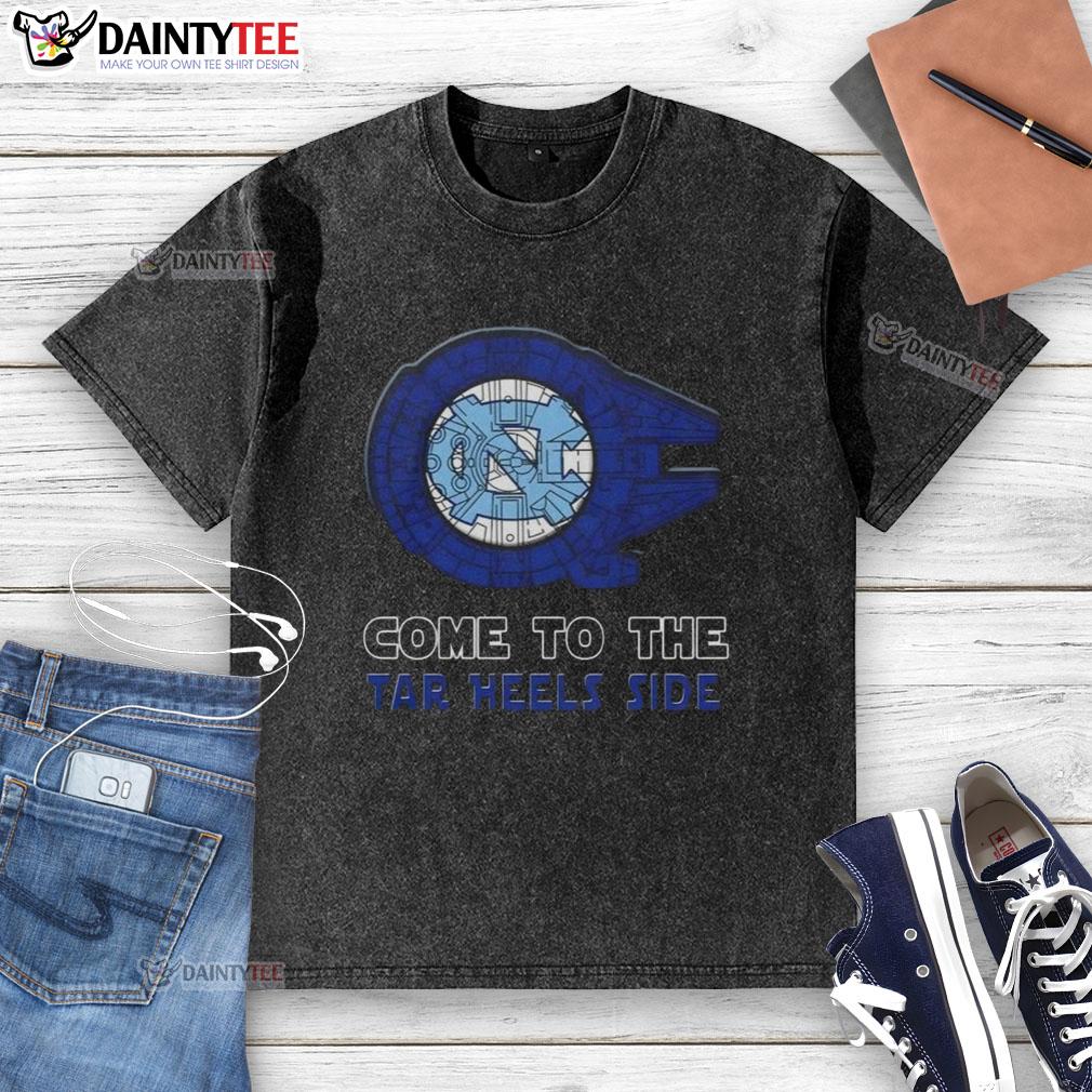 Alt Text: Official Star Wars Come to the North Carolina Tar Heels Side Washed T-Shirt featuring a vibrant design for fans.
