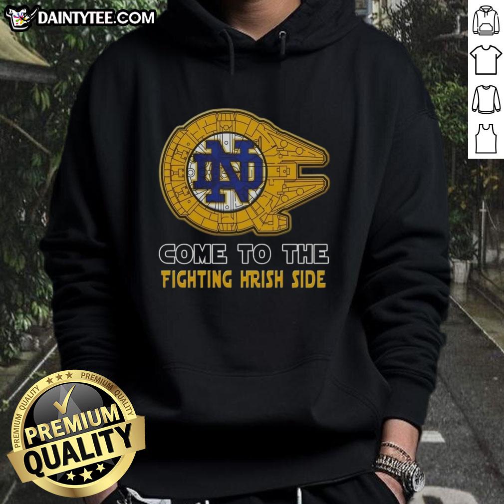 Official Star Wars Come to the Notre Dame Fighting Irish Side Hoodie featuring iconic designs and team colors.