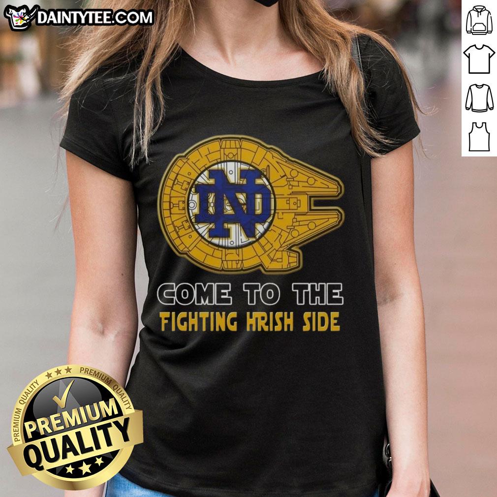 Official Star Wars Come to the Notre Dame Fighting Irish Side Ladies Tee featuring iconic graphics and vibrant colors.