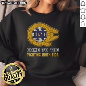 Alt Text: Official Star Wars Notre Dame Fighting Irish side sweatshirt featuring iconic designs and comfortable fit.