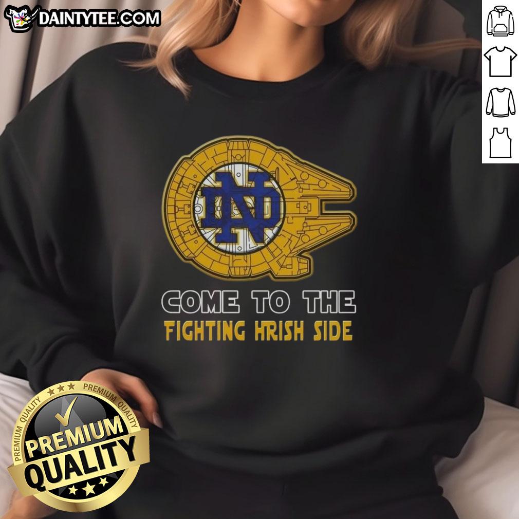 Alt Text: Official Star Wars Notre Dame Fighting Irish side sweatshirt featuring iconic designs and comfortable fit.