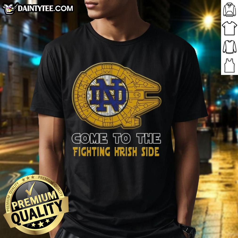 Official Star Wars Come To The Notre Dame Fighting Irish Side T-Shirt featuring iconic characters and team colors.
