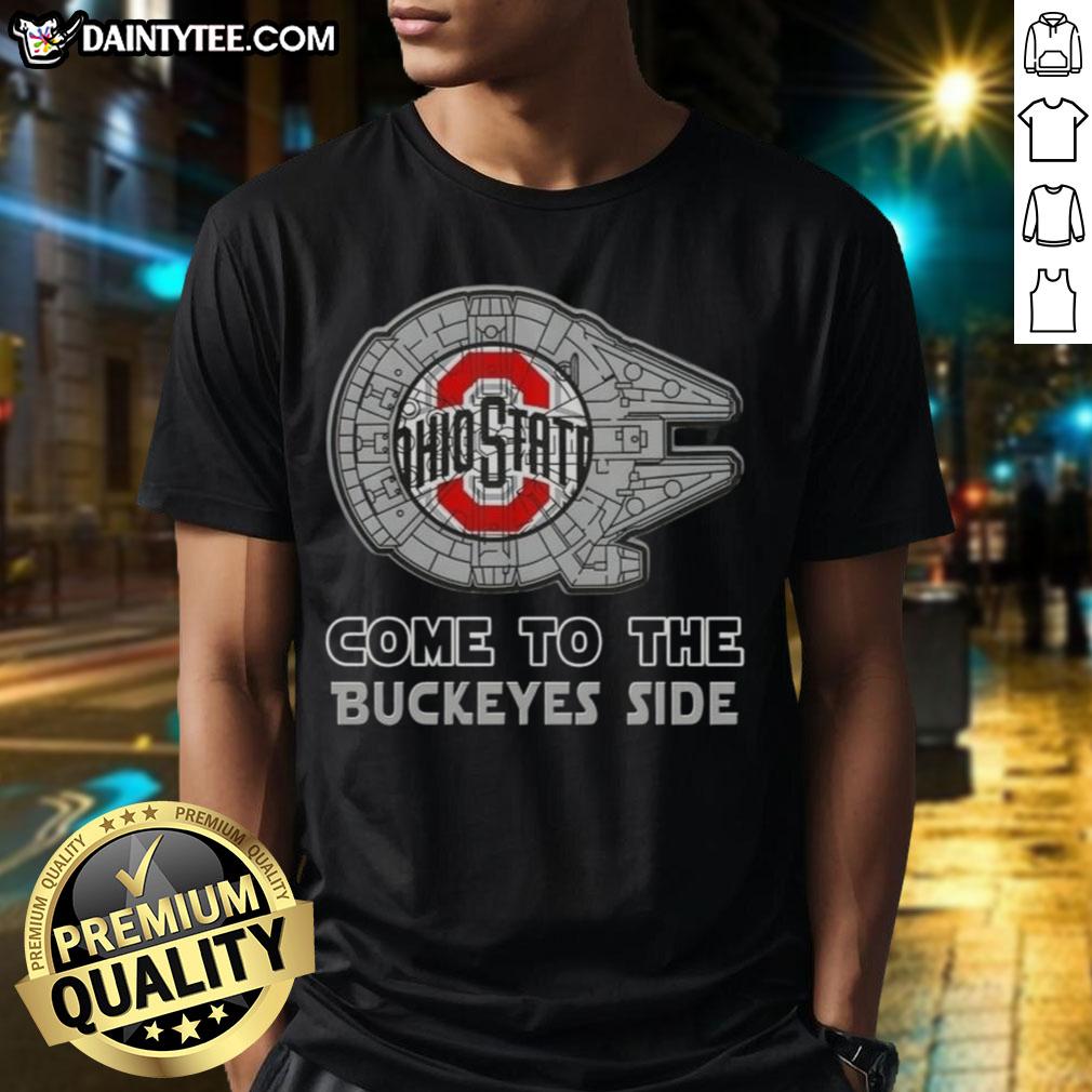 Official Star Wars Ohio State Buckeyes Side T-Shirt featuring iconic characters and team logo, perfect for fans.