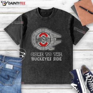Alt Text: Official Star Wars Come to the Ohio State Buckeyes Side Washed T-Shirt featuring vibrant graphics and a comfortable fit.