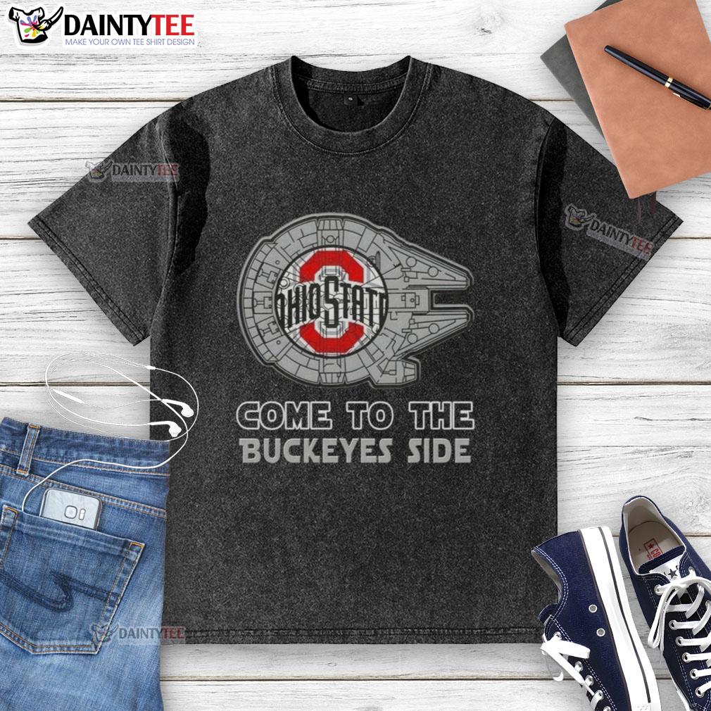 Alt Text: Official Star Wars Come to the Ohio State Buckeyes Side Washed T-Shirt featuring vibrant graphics and a comfortable fit.