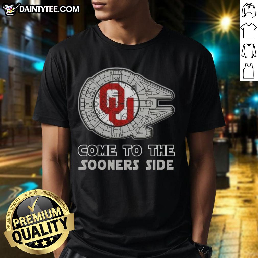 Official Star Wars Come To The Oklahoma Sooners Side T-Shirt featuring iconic characters and team colors for fans.
