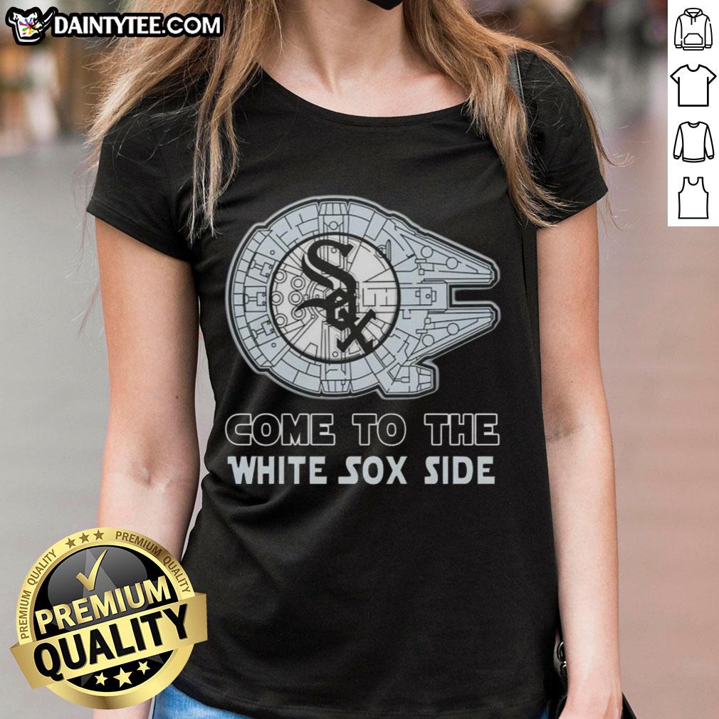 Premium Star Wars Come to the Chicago White Sox Side Ladies Tee featuring vibrant graphics and soft fabric for fans.
