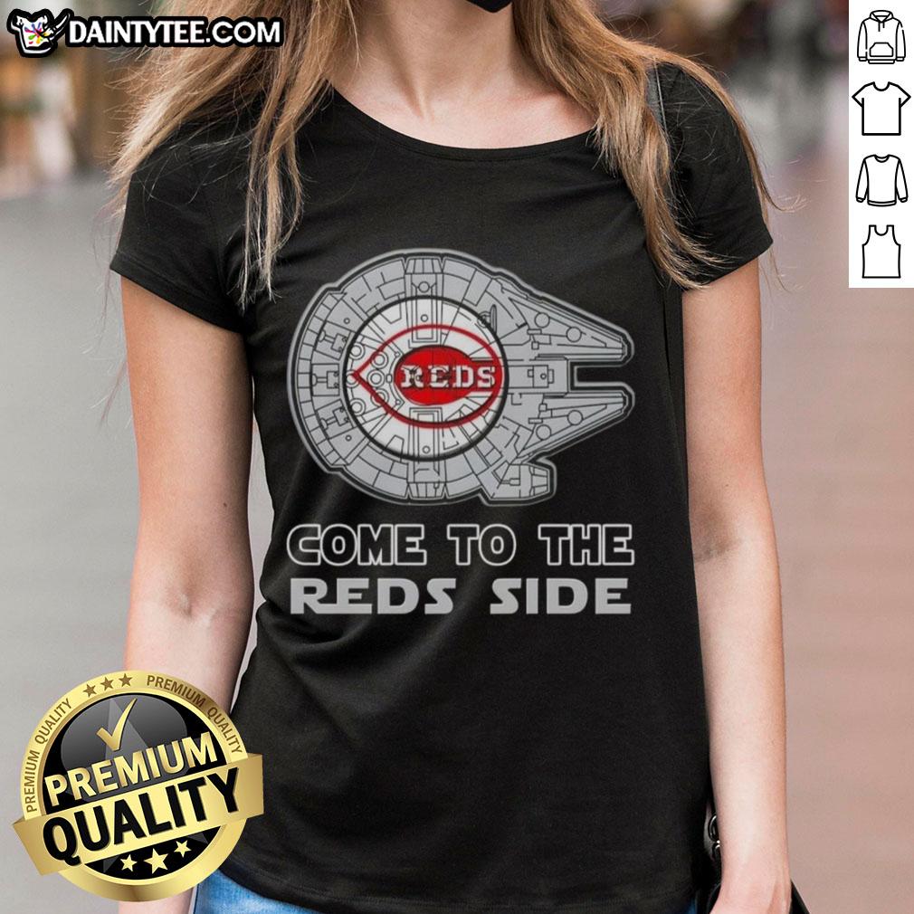 Premium Star Wars Cincinnati Reds Side Ladies Tee featuring a stylish design for fans of both franchises.