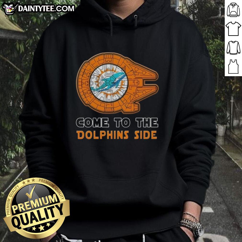Premium Star Wars Come to the Miami Dolphins side hoodie featuring iconic graphics and team colors.