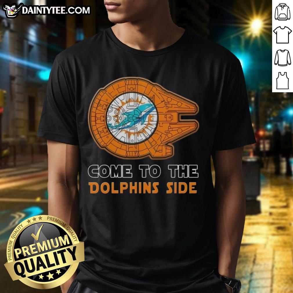 Premium Star Wars Miami Dolphins T-Shirt featuring iconic characters and team logo, perfect for fans and collectors.