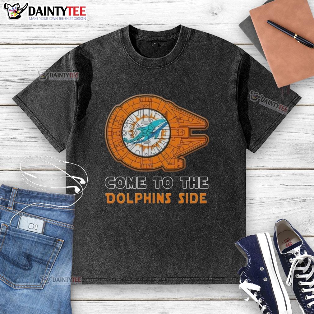 Premium Star Wars Miami Dolphins side-washed t-shirt featuring a unique design for fans of both franchises.
