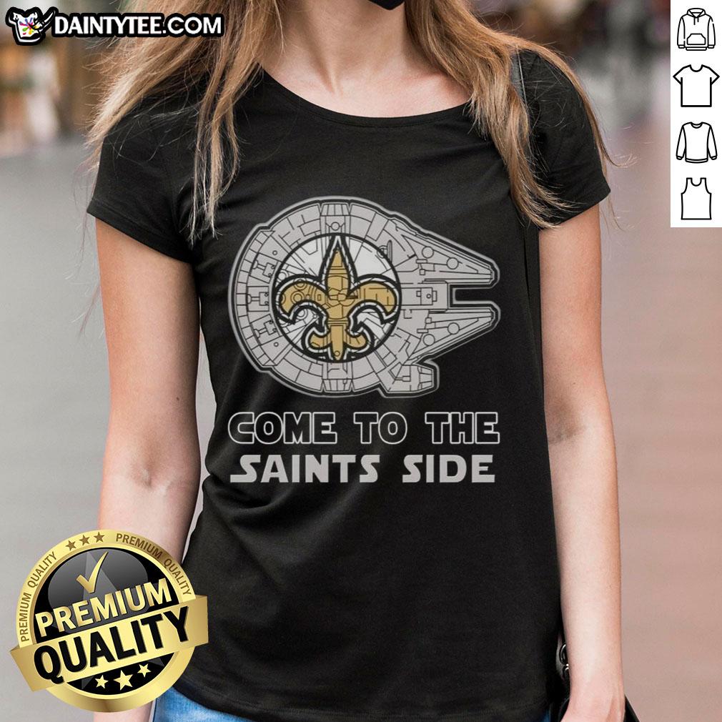 Premium Star Wars Come to the New Orleans Saints Side Ladies Tee featuring vibrant graphics and a stylish fit.