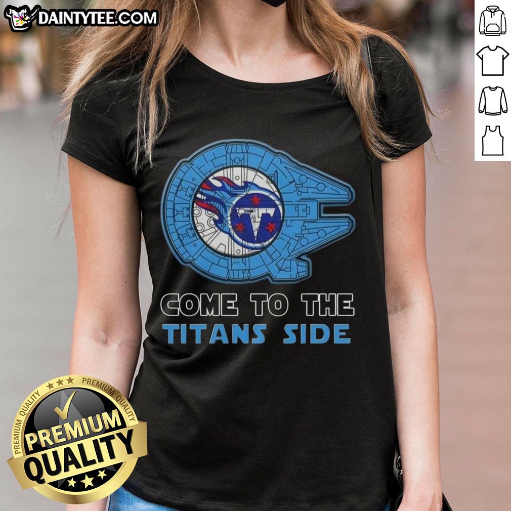 Alt Text: Premium Star Wars Come to the Tennessee Titans Side Ladies Tee featuring vibrant graphics and a stylish design.