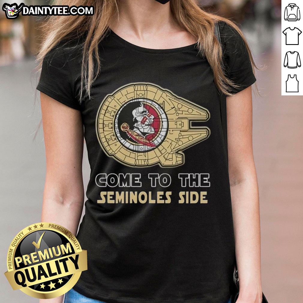 Top Star Wars Come to the Florida State Seminoles Side Ladies Tee featuring vibrant graphics and team colors.