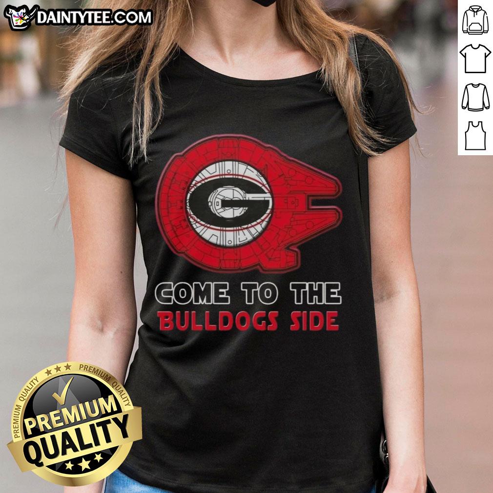 Alt Text: Stylish Top Star Wars Come to the Georgia Bulldogs Side Ladies Tee, perfect for fans and casual wear.