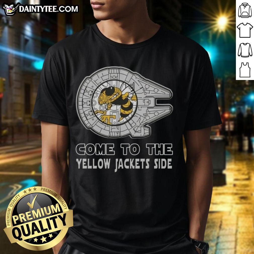 Alt Text: Top Star Wars themed Georgia Tech Yellow Jackets T-Shirt featuring iconic characters and vibrant colors.