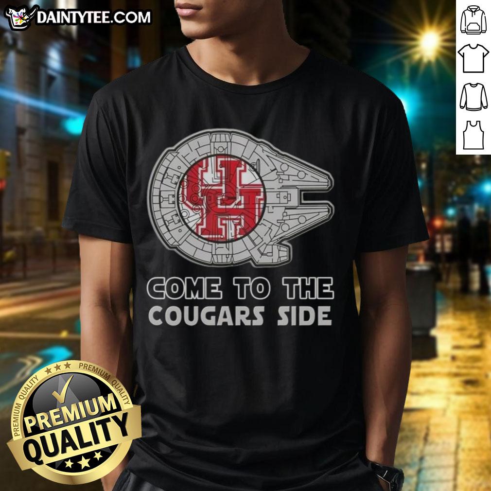 Top Star Wars Come To The Houston Cougars Side T-Shirt featuring iconic characters and team colors for fans.