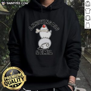 Adorable dog wearing an 'Awesome Annoying' hoodie with Emil, showcasing a playful moment between pet and owner.