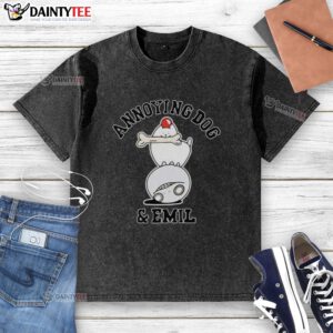 Awesome annoying dog playfully interacting with Emil while wearing a washed t-shirt, showcasing their fun friendship.