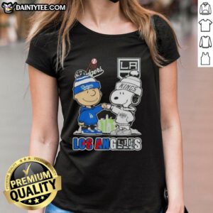 Alt Text: Awesome Charlie Brown fist bump with Snoopy, showcasing Los Angeles sports pride for Dodgers and Kings on a ladies tee.