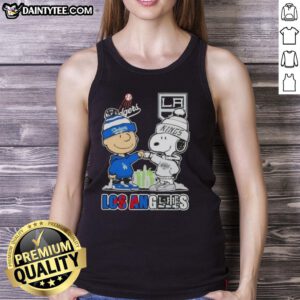 Awesome Charlie Brown fist bump with Snoopy, showcasing Los Angeles city sports vibe in Dodgers x Kings tank top.