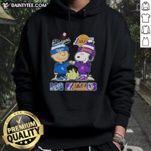 Awesome Charlie Brown fist bump with Snoopy against Los Angeles skyline, featuring Dodgers and Lakers hoodie design.