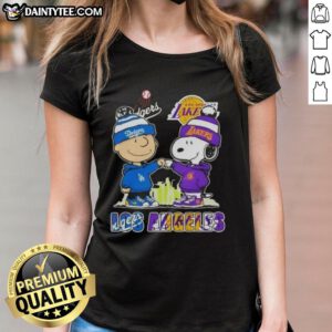 Awesome Charlie Brown fist bump with Snoopy over Los Angeles skyline, featuring Dodgers and Lakers, perfect for ladies' tee.