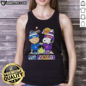 Alt Text: Awesome Charlie Brown and Snoopy fist bump in Los Angeles skyline tank top, celebrating Dodgers and Lakers sports.