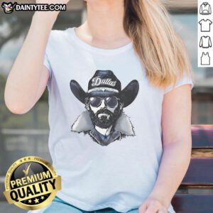 Dallas Cowboys mascot wearing a beanie and sunglasses, showcasing a fun ladies tee design for football fans.