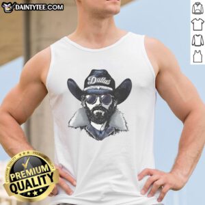 Alt Text: Awesome Dallas Cowboys mascot in a beanie and sunglasses, wearing a tank top, showcasing team spirit and fun.