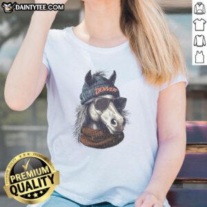Denver Broncos mascot sporting a beanie and sunglasses on a ladies tee, showcasing team spirit and style.
