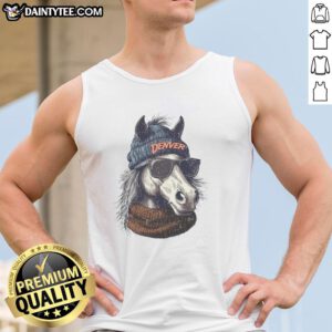 Alt Text: Denver Broncos mascot in a beanie and sunglasses, wearing a tank top, showcasing team spirit and fun style.