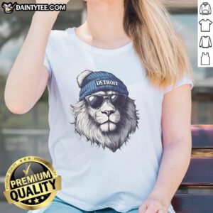 Detroit Lions mascot in a beanie and sunglasses, showcasing the Awesome Detroit Lions mascot ladies tee.