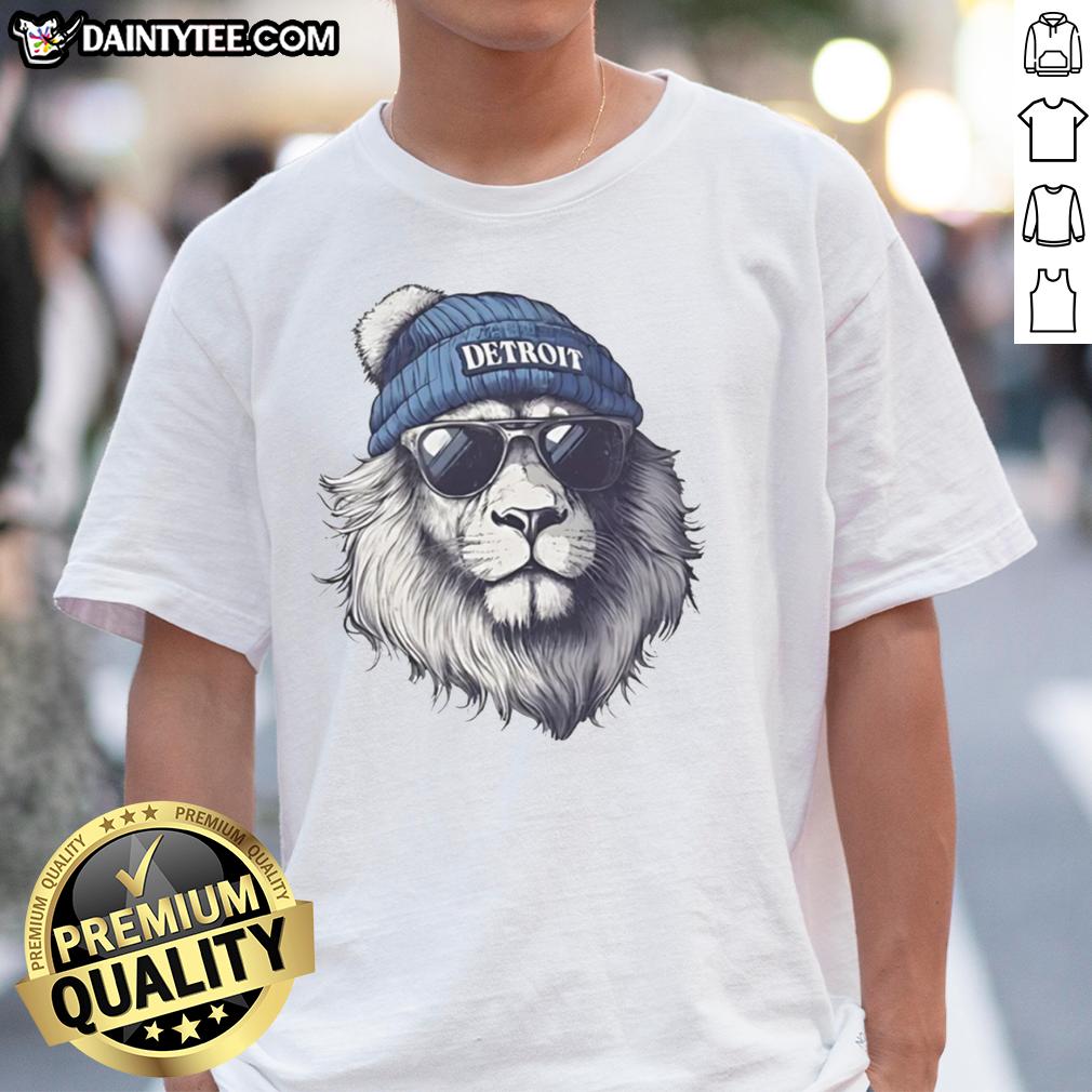 Awesome Detroit Lions mascot wearing a beanie and sunglasses on a stylish t-shirt, perfect for fans.