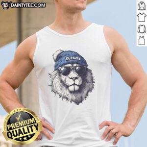 Alt Text: Awesome Detroit Lions mascot in a beanie and sunglasses wearing a tank top, showcasing team spirit and fun.
