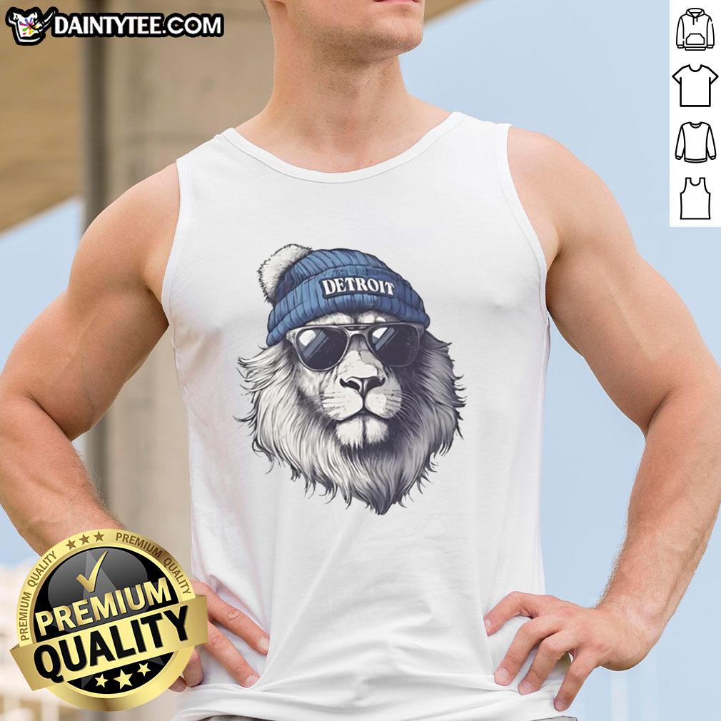 Alt Text: Awesome Detroit Lions mascot in a beanie and sunglasses wearing a tank top, showcasing team spirit and fun.
